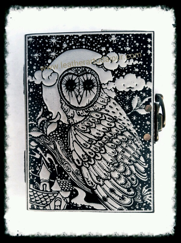 silver owl in night embossed leather journal