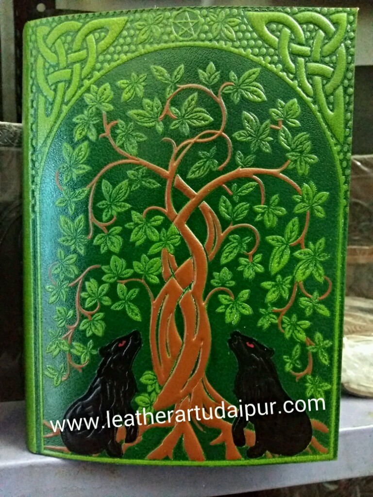 tree of life with wolf embossed leather journal